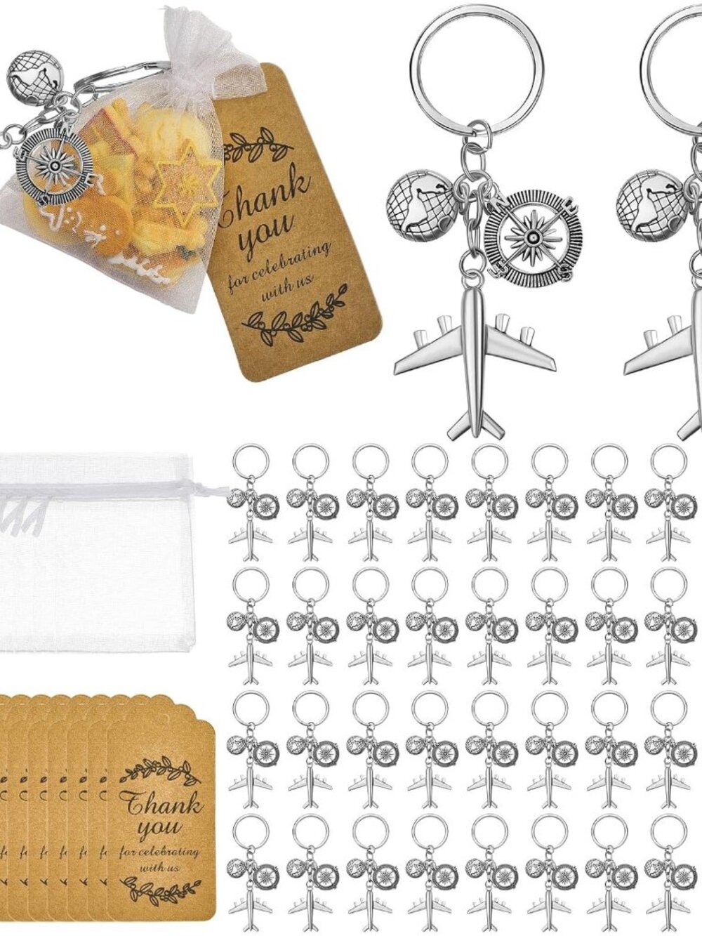 20 Sets Airplane Keychains Party Favors Compass Globe, Classic